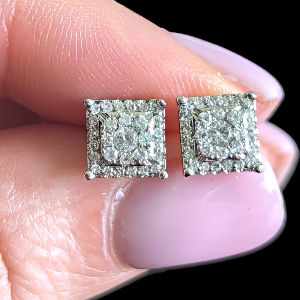 Vintage Natural Diamond Cluster 14k White Gold Stud square Earrings Halo Gift